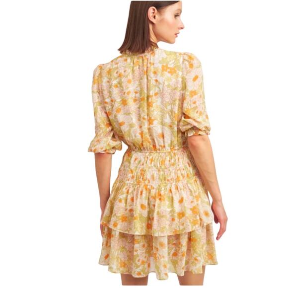 AQUA Floral Print Smocked Dress Beige/Tan/yellow V Neck Tiered Ruffle Size L - Picture 5 of 6